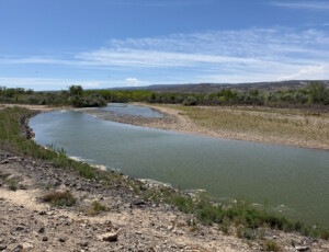 The Colorado River reached an extremely low level on April 22, 2026, shown here near Dos Rios Park in Grand Junction, Colo. Record low winter snowpack and heavy diversion in the agricultural Grand Valley contributed to the low flows. © Luke Runyon. Usage rights are granted for editorial and nonprofit purposes only. No commercial or re-sale rights are granted without permission of the photographer.