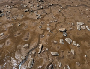 Side channels on the Colorado River ran dry early during spring runoff on April 22, 2026. Cobble bars and muddy banks emerged as the river receded near Dos Rios Park in Grand Junction, Colo. © Luke Runyon. Usage rights are granted for editorial and nonprofit purposes only. No commercial or re-sale rights are granted without permission of the photographer.