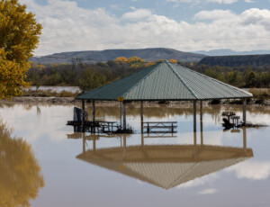 Flooding along the San Juan River in Shiprock, New Mexico, on the Navajo Nation, on October 25, 2026. ©Mitch Tobin Usage rights are granted for editorial and nonprofit purposes only. No commercial or re-sale rights are granted without permission of the photographer.